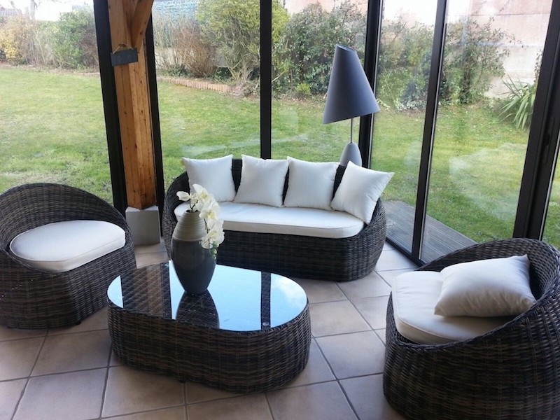 Salon, de, jardin, en, rotin, tress&eacute;e, Maroc, France 
